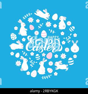 Ostergrußkarte mit Häschen, Eiern und Blumen. Osterkomposition mit Kaninchen. Stock Vektor
