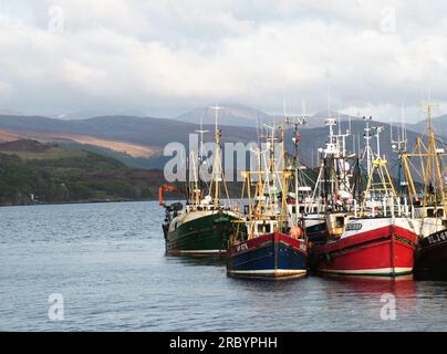 Die farbenfrohen Fischerboote im Schutz des Kais in Ullapool in Loch Broom in den schottischen Highlands mit Schnee auf den Bergen im Hintergrund Stockfoto