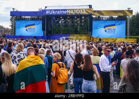 Vilnius, Litauen. 11. Juli 2023. Am 11. Juli 2023 nehmen Menschen an der Veranstaltung "die Flagge für die Ukraine in der NATO heben" und am Konzert in Vilnius, Litauen, Teil. Präsident Zelenskyy ist nach Litauen gekommen, um an einem NATO-Gipfel in Vilnius teilzunehmen und die Ukraine bei der Aufnahme in die NATO zu unterstützen (Kreditbild: © Beata Zawrzel/ZUMA Press Wire), NUR REDAKTIONELLER GEBRAUCH! Nicht für den kommerziellen GEBRAUCH! Stockfoto