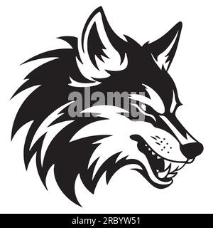 Angry Wolf Head Schwarz-Weiß-Tattoo-Illustration. Stock Vektor