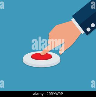 Handbetätigter roter Knopf, Draufsicht, flacher Cartoon, isolierter Vektor, Geschäftskonzept Stock Vektor