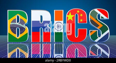 BRICS-Gipfelkonzept, 3D-Rendering isoliert auf blauem Hintergrund Stockfoto