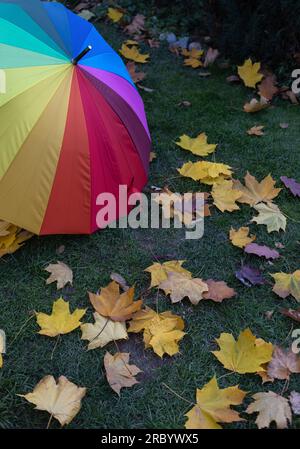 Hallo, Herbst. Ein großer Regenbogenschirm auf dem Boden mit bunten Blättern. Herbstatmosphäre. Regenzeit, saisonale Spaziergänge Stockfoto