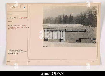 Das Foto zeigt den Anbau des Basiskrankenhauses Nr. 6, amerikanisch, in Bordeaux, Frankreich. Das Foto wurde im April 1918 vom Fotografen RECO aufgenommen und am 31. Mai 1918 von der Historical Branch, W.P.D. veröffentlicht. Das Bild zeigt den Winber-Anbau des Krankenhauses. Stockfoto