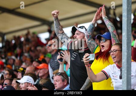 Ein Mann und eine Frau treten in die Luft und schreien vor Freude, während Lewis Hamilton (GBR) vom Mercedes-AMG Petronas F1 Team einen Fahrer und andere Formel O überholt Stockfoto