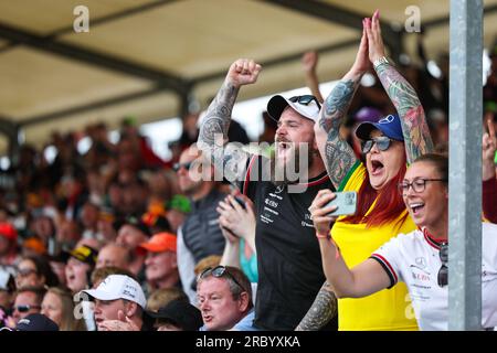 Ein Mann und eine Frau treten in die Luft und schreien vor Freude, während Lewis Hamilton (GBR) vom Mercedes-AMG Petronas F1 Team einen Fahrer und andere Formel überholt Stockfoto