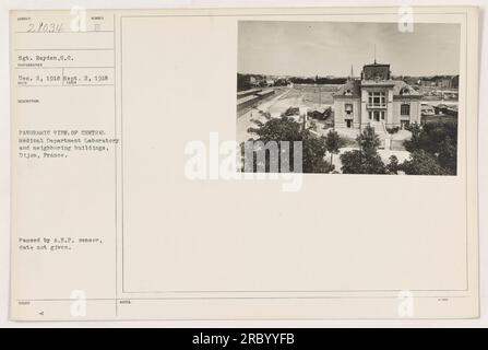 Panoramablick auf die Zentrale Medizinische Abteilung Labor und umliegende Gebäude in Dijon, Frankreich während des Ersten Weltkriegs Das Foto wurde von Sergeant Reyden am 2. September 1918 aufgenommen und am 2. Dezember 1918 erhalten. Es wurde vom A.E.F.-Zensor genehmigt, aber es wird kein spezifisches Datum angegeben. Stockfoto