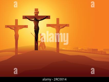 Biblische Vektor-Illustration-Serie. Kreuzweg oder Kreuzstationen, zwölfte Station, Jesus stirbt am Kreuz. Stock Vektor