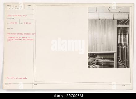 CPL. STEINIGER, S.C., ein Fotograf hat dieses Bild am 13. Februar 1919 während des 1. Weltkriegs aufgenommen Das Foto zeigt das eingehende UG-Kabel am Zentralbüro in PT. Totten, New York, speziell für das Telefonsystem des östlichen Departements. Dieses Bild ist nur für den offiziellen Gebrauch vorgesehen und wird in den Hinweisen von 41138 erwähnt. Stockfoto