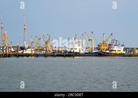 Den Oever, Niederlande. 9. Juli 2023. Den Oever Hafen mit den Fischerbooten und dem Leuchtturm. Hochwertiges Foto Stockfoto