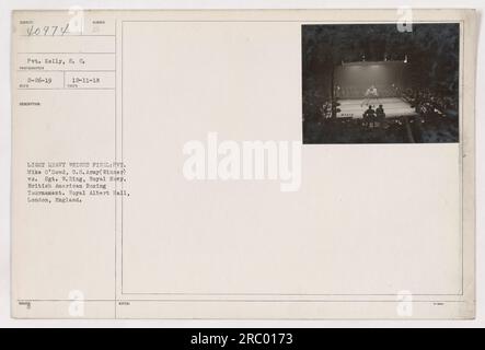 Gefreiter Mike O'Dowd aus den USA Die Armee (Gewinner) stellt sich im British American Boxturnier in der Royal Albert Hall in London, England, gegen Sergeant W. Ring der Royal Navy. Dieses Bild zeigt einen Moment vom Boxkampf zwischen den beiden Militärs. Stockfoto