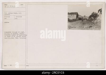 Gefreiter Arthur Furst vom Signalkorps fotografierte ein bombardiertes Dorf namens Limey in Meurthe et Moselle, Frankreich. Das Dorf wurde zu Beginn der St. Mihiel Drive am 12. September 1918. Das Foto wurde am 14. Oktober 1918 aufgenommen. Dieses Bild ist Teil der Aufzeichnungen der 78. Division (40. Ingenieure, 63d Infanteriebrigade). Stockfoto