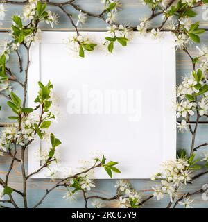 Modell für Sonderangebote als Werbung oder andere Ideen. Frische Zweige von Kirschweißblüten und weißer leerer Rahmen auf blauem Holztisch. Leere pla Stockfoto