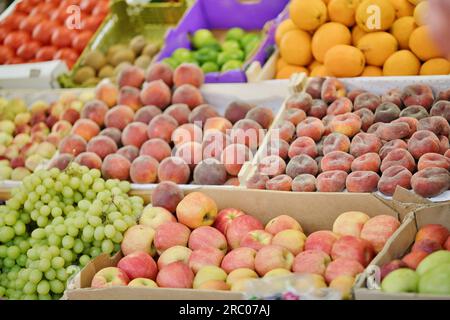 Verschiedene frische Früchte auf der Theke auf dem Markt im Freien. Reife Äpfel, Trauben, Pfirsiche, Orangen und andere Früchte auf der Theke. Stockfoto