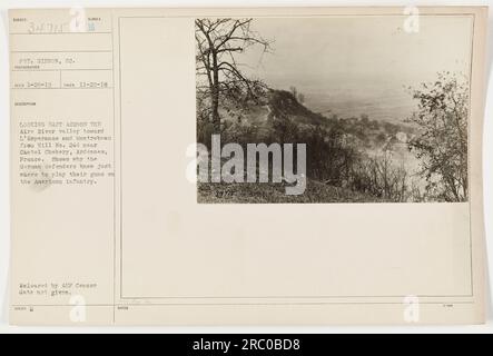 Private Gibbon war das Thema dieses Fotos, das am 20. November 1918 in der Nähe von Chatel Chehery, Ardennen, Frankreich aufgenommen wurde. Das Bild zeigt den Blick vom Hügel Nr. 244 nach Osten über das Aire-Tal in Richtung L'Esperance und Montrebeau. Es zeigt, wie die deutschen Verteidiger ihre Artillerie strategisch positioniert haben, um die amerikanische Infanterie im Ersten Weltkrieg anzugreifen. Dieses Bild wurde vom AEP-Zensor veröffentlicht, und das Datum der Zensorgenehmigung wird nicht angegeben. Stockfoto