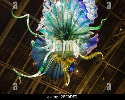 Details aus dem Temperate House Persians, 2018, von Dale Chihuly - beleuchtet als Teil der Chihuly Nights Ausstellung in Kew Gardens, Großbritannien, Oktober 2019 Stockfoto