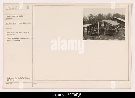 Soldaten bauen im ersten Weltkrieg eine Feldhütte im Camp Babcock in Chaumont, Frankreich. Sergeant Abbott hat dieses Bild aufgenommen, das Foto Nummer 31044 ist. Das Foto wurde am 12. November 1918 aufgenommen und von der A.E.F. veröffentlicht Zensor am 23. Dezember 1918. Stockfoto