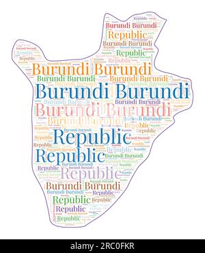 Burundi-Form mit Ländernamen in vielen Sprachen. Burundi-Karte im Wörterwolkenstil. Kühle Vektordarstellung. Stock Vektor