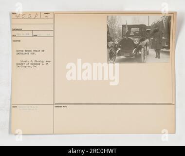 'LKW-Zug auf einer Ausdauerfahrt. Leutnant J. Stevig, Kommandeur der Kompanie 1, Darlington, PA, aufgenommen am 18. Februar 1918. Dieses Foto mit der Nummer 4528 wurde am 8. Februar 1918 von W.C.D an die Photo Division herausgegeben. Die Labornotizen geben den Code 9045RY US400 an." Stockfoto