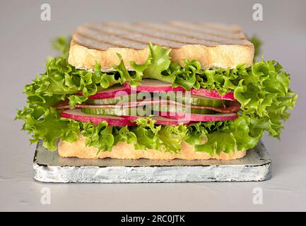 Makro-Food-Fotografie von Sandwich, Salat, Toast, Rettich, Salami, Gurke, weich, Käse, Tisch, Brett, Gemüse, Scheiben Stockfoto