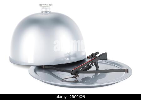 Restaurant-Cloche mit Jagdarmbrust, 3D-Darstellung isoliert auf weißem Hintergrund Stockfoto