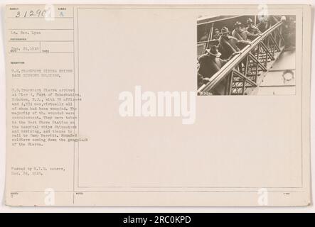 Leutnant George Lyons Foto, aufgenommen am 21. Dezember 1918, zeigt die USA Transport Sierra legt am Pier 4 im Hafen der Einschiffung, Hoboken, NJ an Das Schiff brachte 35 Offiziere und 1.531 verwundete Soldaten zurück, von denen die meisten Rekonvaleszenten waren. Die Soldaten wurden später auf die Krankenhausschiffe Shinne Cook und Ossining und dann auf das Camp Merritt gebracht. Dieses Bild wurde am 24. Dezember 1918 vom M.I.D.-Zensor genehmigt. Isued Notes: 9031230. Stockfoto