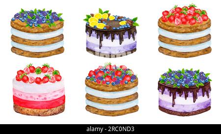 Ein Satz Cream Cakes mit Schokolade, Beeren und Obst. Hochzeit, Geburtstag, Jubiläumsdesign. Aquarell-Feiertagskarte für Grußkarte Stockfoto