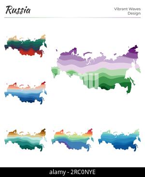 Satz von Vektorkarten von Russland. Lebendiges Wellendesign. Helle Landkarte im geometrischen, glatten Kurvenstil. Mehrfarbige Russland-Karte für Ihr Design. Stock Vektor
