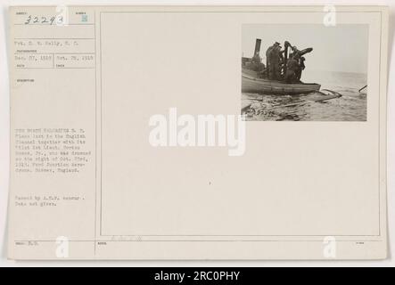 Gefreiter D.W. Kelly vom Signalkorps hat dieses Foto am 25. Oktober 1918 gemacht. Es zeigt Schleppboote, die einen B.E. Bergen Flugzeug verloren im Ärmelkanal, zusammen mit dem Piloten 1. Lieutenant Norton Downs Jr., der in der Nacht des 23. Oktober 1918 ertrank. Der Standort ist Ford Junction Aerodrome in Sussex, England. Dieses Bild wurde vom A.E.F-Zensor übergeben, aber das genaue Ausgabedatum ist nicht angegeben. Stockfoto