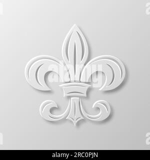 Vector Realistic Paper 3D Fleur De Lis Nahaufnahme auf weißem Hintergrund. Heraldisches Lily-Zeichen, Vektorbild Stock Vektor