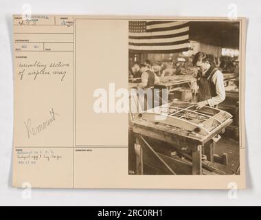 Ein Foto, das den Montageabschnitt eines Flugzeugflügels während des Ersten Weltkriegs zeigt. Das Bild zeigt den Herstellungsprozess des Flugzeugs. Das Foto wurde im Dezember 1917 aufgenommen. Es wurde dem C.P.I. übergeben Subjekt Application Signal Corps am 27. Dezember 1917. Stockfoto