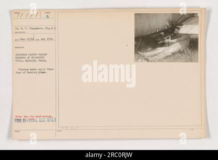 Flugzeugkadetten, die im Ersten Weltkrieg im Ellington Field in Houston, Texas, in Bombenattentechniken ausgebildet wurden. Dieses Foto zeigt Kadetten, die Bomben unter den Rumpf von Bombenflugzeugen legen. Der Kandidat für die Veröffentlichung ist der 1918. Mai. Dieses Bild ist als „nur zur offiziellen Verwendung“ klassifiziert. Stockfoto