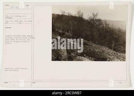 Soldat auf der deutschen Militärstraße in deutschen Schützengräben nahe Hügel Nr. 283 in Bois de Romagne, Ardennen, Frankreich während des Ersten Weltkriegs. Das Foto wurde am 20. Januar 1919 aufgenommen. Stockfoto