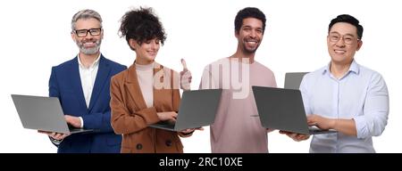 Gruppe von Personen mit Laptops auf weißem Hintergrund Stockfoto