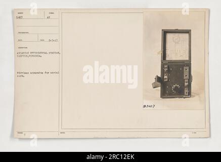 Foto aufgenommen am 7. September 1917 in der Aviation Experiment Station in Hampton, Virginia. Das Bild zeigt ein drahtloses Gerät für Luftarbeiten. Die Ausrüstung wurde zu Versuchszwecken in der Station verwendet. Der Fotograf Reed hat dieses Bild mit dem Symbol AU EKSUED O. Foto Nummer 3407 aufgenommen. Weitere Hinweise finden Sie unter @3407 MANAS.“ Stockfoto