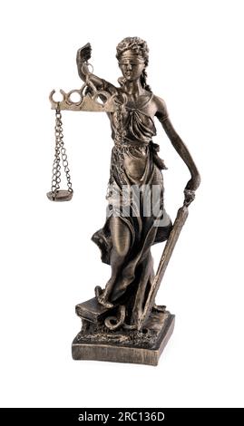 Die Statue von Lady Justice, isoliert auf Weiß. Symbol für faire Behandlung nach dem Gesetz Stockfoto