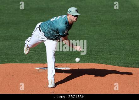 Seattle, Usa. 11. Juli 2023. Gerrit Cole, der Pitcher der New York Yankees, startet am Dienstag, den 11. Juli 2023, das erste Inning des MLB All-Star-Spiels 2023 im T-Mobile Park in Seattle, Washington. Foto: Aaron Josefczyk/UPI. Kredit: UPI/Alamy Live News Stockfoto
