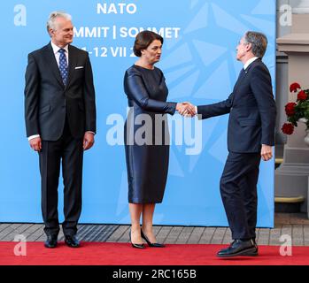 Vilnius, Litauen. 11. Juli 2023. Präsident von Litauen, gitanas Naus?da und seine Frau Diana Naus?dien? begrüßen Sie den Außenminister der Vereinigten Staaten von Amerika, Antony Blinken, wenn er anlässlich des hochrangigen NATO-Gipfels am 11. Juli 2023 in Vilnius, Litauen, zu einem Abendessen eintrifft. Der Präsident Litauens veranstaltet das Abendessen für die Staats- und Regierungschefs der Welt im Präsidentenpalast. Auf der Tagesordnung des Gipfels stehen die ukrainische Absicht, der Organisation beizutreten, der Beitrittsprozess Schwedens, die Aufstockung der Waffenbestände und die Überprüfung der Verteidigungspläne. (Foto: Dominika Zarzycka/Sipa USA) Guthaben: SIPA USA/Alamy Live News Stockfoto