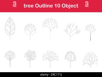 Baumlinienzeichnung, Seitenansicht, Grafikbäume Elemente einzelner Objektkontur Minimales Pflanzensymbol für Architektur- und Landschaftsdesign. Vektor. Stock Vektor