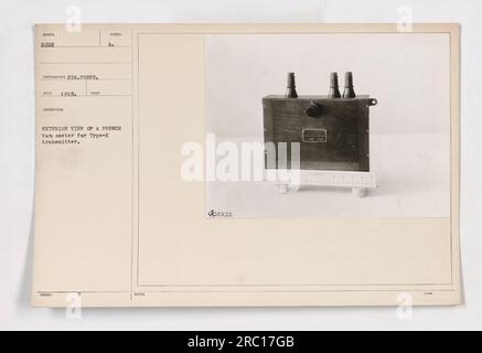 Außenansicht eines französischen Variometers für Transmitter Typ K. Das Foto wurde 1919 vom Signalkorps aufgenommen. Das Bild zeigt die äußeren Merkmale des Geräts. In den Beschriftungsnotizen sind der Beschriftungscode ">2222" und eine von SYREKL ausgegebene Beschreibung angegeben. Stockfoto