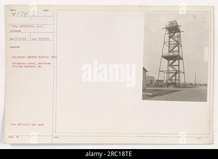 CPL. Steiniger, ein Fotograf, hat dieses Bild am 13. Februar 1919 auf dem Aberdeen-Testgelände in Maryland aufgenommen. Das Foto zeigt einen Telefonturm, der vom östlichen Ministerium verwendet wird. Dieses Bild ist nur für den offiziellen Gebrauch bestimmt und in der Sammlung mit 41749 gekennzeichnet. Stockfoto