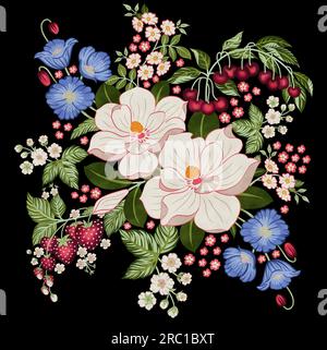 Ein wunderschönes abstraktes Blumendesign mit bunten, trendigen Blumen und Blättern. Fantasy-Blumen, natürliche Tapete, Blumendekoration Locken-Illustration. Stockfoto