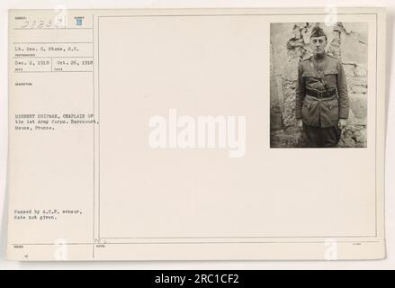 Leutnant Geo E. Stone, S.C. Foto von Chaplain Herbert Shipman vom 1. Armeekorps, aufgenommen am 26. Oktober 1918 in Rarecourt, Mause, Frankreich. Das Foto wurde vom A.E.P. Zensor übergeben, aber das genaue Ausstellungsdatum ist unbekannt. Stockfoto