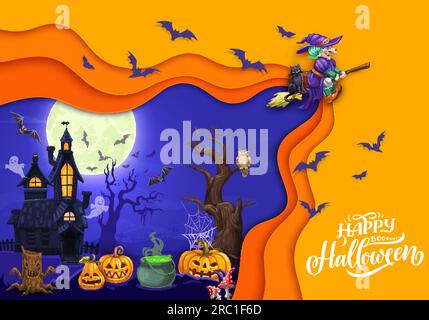 Halloween papiergeschnittene Landschaft mit Zeichentrickhexe, Schloss und Kürbissen. Vektorweihnachtsbanner mit fliegender Hexe, Geistern und Jack-Laternen um Mitternacht. Doppeltes Design aus Paperut mit 3D-Effekt Stock Vektor