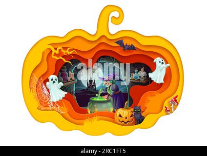 Halloween-Zeichentrickhexe mit Zaubertrank in der Höhle. Vector Holiday Papercut Doppelausstellung mit kürbisrahmen im 3D-Effekt, alte Hexenbraten in Kessel, Katze und Nachtschloss Stock Vektor