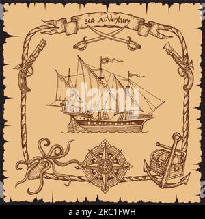 Altes Piratenschiff mit Seilrahmen in Skizze, Hintergrund für Abenteuer auf dem Meer. Altes antikes oder antikes Piratenboot oder Segelboot und Seefregatte, Anker oder Schatztruhe und Kompass im Seilrahmen Stock Vektor