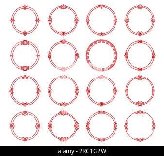 Runde rote asiatische Rahmen und Rahmen. Japanische, koreanische und chinesische Kreisrahmen. Vektorlinien mit orientalischem Muster, traditionellen Knotenverzierungen und geometrischen Motiven mit quadratischen Dekorationen Stock Vektor
