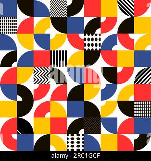 Abstraktes geometrisches nahtloses bauhaus-Muster. Retro-Hintergrund mit Vektorgrafiken, einfachen Figuren und Formen. Farbkreise, Quadrate und Linien, Punkte und Geometrieelemente im Zickzack-Bereich werden zusammengelegt Stock Vektor