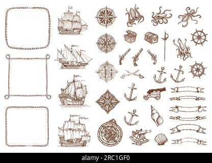 Alte Landkarten-Schiffe, antike Kompass und Muscheln, Seilrahmen, Kraken und Säbel, Anker und Schatzkisten. Vektorsteuerung, Sextant, Pistole, Kanone und Banner, handgezeichnet Stock Vektor