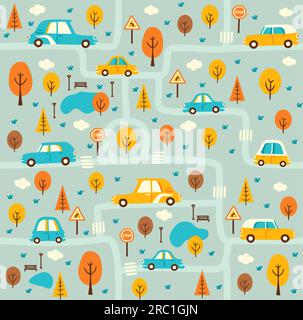 Kinderwagen Nahtloses Muster mit Straßen, Bäumen und Fahrzeugen. Cartoon-Stadtplan-Hintergrund mit Straßen, Verkehrsverkehr, Straßenschildern, Autos und Autos, Parkstraßen, see. Kindische Tapete im Hintergrund Stock Vektor